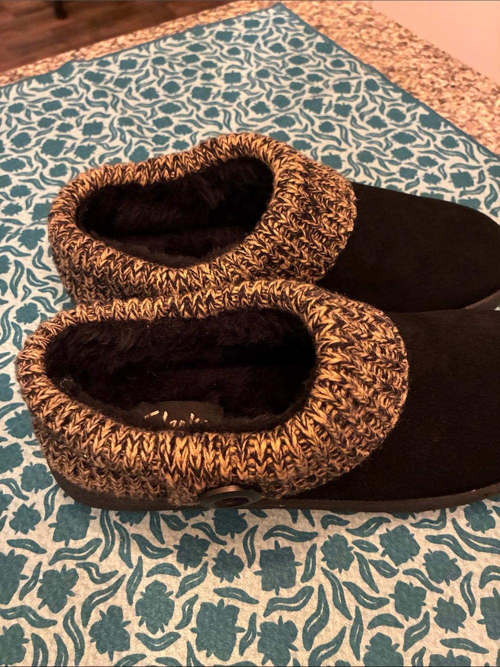 Clarks Black Slippers with Tan Knit Cuff